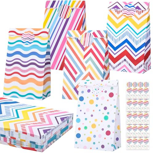 woric 50 Stück Geschenktüten Kindergeburtstag Klein, 22x12x7cm Papiertüten Bunt Klein Candy Tüten mit 60 Aufkleber Mitgebsel Tüten für Kindergeburtstag Hochzeit Party Giveaway (5 Stile)