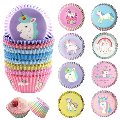 LUKIUP Muffin Förmchen Papier aus Metallfolie, Cupcake Wrapper,Muffinförmchen Fettdicht,für Kinder Party Jungen Mädchen Geburtstag Deko Muffin Backen Kuchenaufsätze (200x Buntes Einhorn)