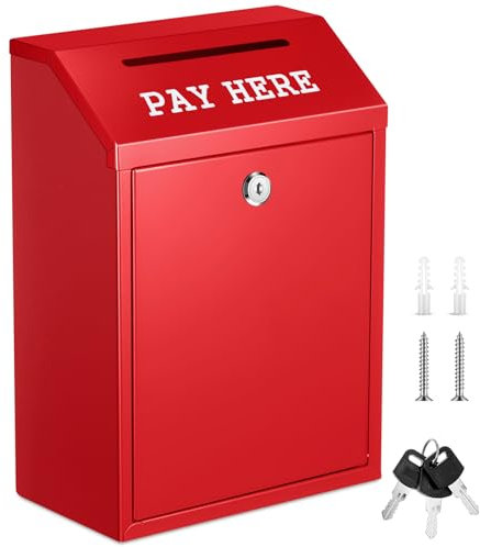 Yaocom Safe Geldkassette aus Metall mit Schloss, Wandhalterung, vorgebohrt, Briefkasten, Lieferurne für Zuhause, Büro, Outdoor, Selbstbedienungsständer (rot, 30 x 21 x 12 cm)