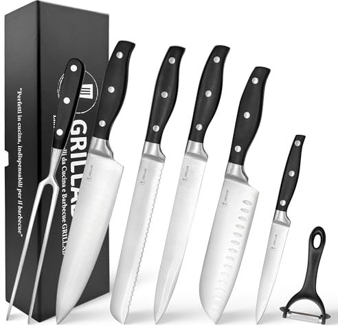 GRILLAB Set Coltelli da Cucina Professionali in Acciaio Inox Ultra Affilati, 7 Pezzi, Manico Ergonomico e Antiscivolo Nero, Pelapatate e Forchettone da Barbecue