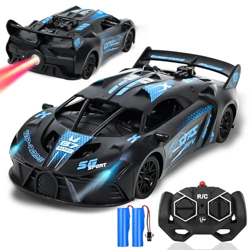 Joellfuner Coche Teledirigido, Coche RC Drift Avec Spray et Lumières LED, 2.4GHz Car Remote Control, Regalos de Cumpleaños para Niños Navidad Juegos, Juguetes de Exterior para Niños y Niñas (Azul)