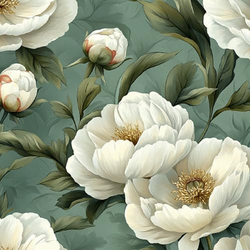 Peel and Stick Wallpaper Flowers White Green Leaves Vintage Contact Paper with Waterproof Stain-Resistant Surface for Drawers Laundry Room Furniture Makeovers Easy to Install Wall Paper 40 cm x 5 m