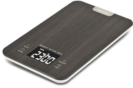 Girmi PS26 Küchenwaage, Holzoptik, Glasplatte, Digitaldisplay, 1 g/10 kg, Abschaltautomatik & TARA-Funktion, Timer & Uhr, Grau