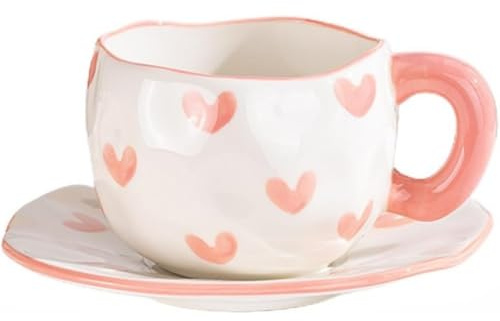 FülleMore Herz Muster Kaffeetasse mit Untertasse Niedliche Frühstückstasse 250ml Teetasse mit Unterteller unregelmäßiges Design Espressotasse für Büro Zuhause (Rosa-Herz)