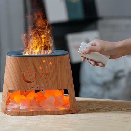 Emooncn 7 Color Humidifier for Bedroom, 2 in 1 Aroma Diffuser with Remote, Himalayan Salt, Essential Oil Diffuser Auto-off,2/4/6H Time Set Plug In Flame Salt Lamp for Baby Home Room(260ML)