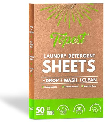 Topest Ultra-Concentrated Laundry Detergent Sheets | 50 Sheets, Fresh Linen Scent, up to 100 Small Loads | for Deep Cleaning, Machine and Hand Washing | Vegan, Cruelty-Free, Eco Friendly