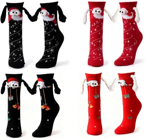PIujsym 4 Paar Lustige Weihnachtssocken Damen Herren Mit Magnetarmen Hand in Hand, Weihnachtsgeschenke Für Frauen Männer, Komfortable Socken 36-44, Nikolaus Geschenke, Geschenk für Paare, Familie