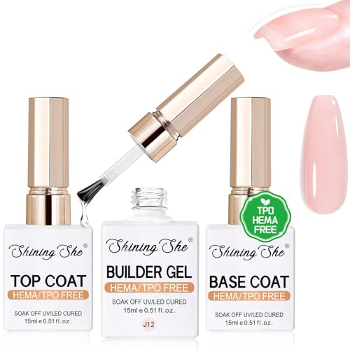 Shining She Base Coat Top Coat Gel UV & Builder Gel Set, HEMA TPO Frei uv Nagellack Nude Rosa Aufbaugel für Gelnägel Base Top coat Set Soak-Off UV/LED für Verlängerungsgel Verstärkungsgel, 15ML