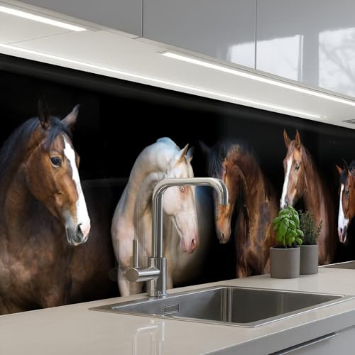 KitchenYeah© Spritzschutz Küchenrückwand Küche Abwaschbar Selbstklebend | 60x250 cm - Küchenwand Küchenfront Küchen Rückenwand Wandschutz Pferd - Tiere - Schwarz