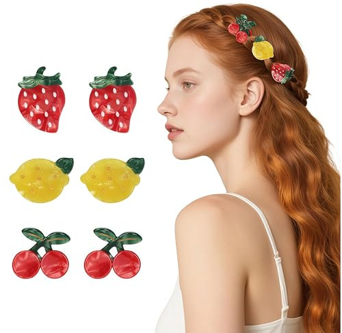 Zosutetoxo 6-teilig Früchte Haarspangen für Damen: Erdbeer, Zitrone und Kirsch Design, Kleine Haarklammer Groß mit Starker Haltkraft für Dickes und Dünnes Haar