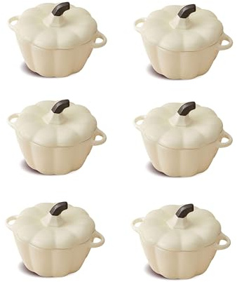 Mini Cocottes Blanc en forme de courge en Céramique Double Poignées avec Couvercle –11 x 9,5 cm – Lot de 6, Hobby Tech