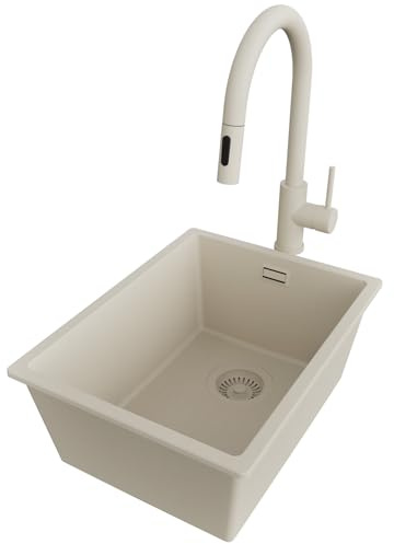 PRIMAGRAN Granitspüle ab 40er Unterschrank + Küchenarmatur, 36x47cm | Set: Küchenarmatur BW9010 + Ablauf-Set (Siphon, Ablaufgarnitur, Überlauf) + Spülbecken 1 Becken - London Slim, Alles Beige