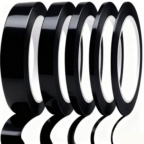 Malerkrepp Selbstklebendes, 5 Rollen Selbstklebendes Feinlinienband, 3/5/8/10/12mmx 66 m Zierstreifenband Masking Tape Band,für Autolack Malerarbeiten Dekorieren, Schwarz