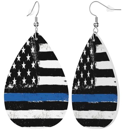 Leder Baumelnde Ohrringe Thin Blue Line Flagge Polizei Leicht Anhänger Die Exquisiten Tropfenohrringe Für Damen Und Mädchen Den Täglichen Gebrauch Feiertage