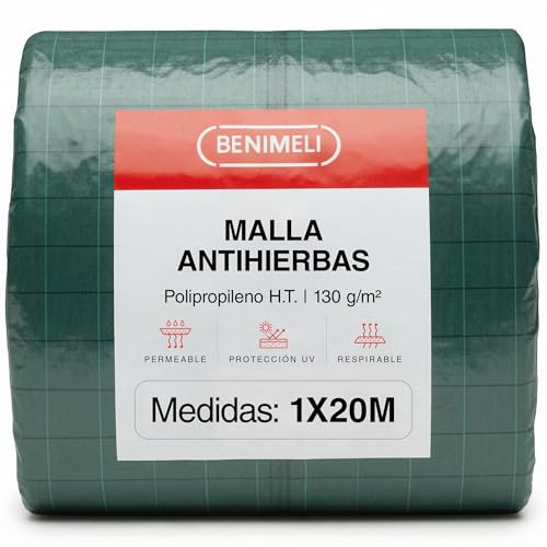 Benimeli Malla Antihierbas Huerto | Tela Antihierbas (Corte, 1x20M) | Mantas Antihierba 130 g/m² · Tela Antihierbas Jardín y Huertos Urbanos · Polipropileno Anti-UV · Control Malas Hierbas