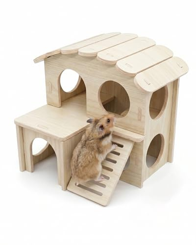 AEUXZA Casetta per Criceti in Legno Naturale, Casa Multicamera con Scala, Nascondiglio per Criceto Nano e Russo, Accessori Gabbia 17x15x15,5 cm, Ingresso 4,8 cm