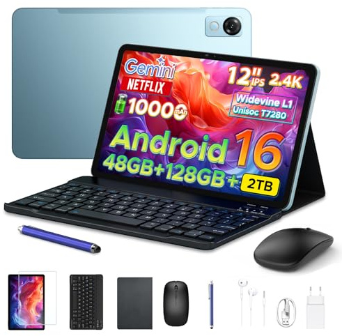 POPUX P12 Tablet 12 Pollici 2.4K Tablet Android 16 con Gemini AI, Blu | 48GB+128GB/2TB, T7280 Octa-Core Tablet con Penna 120Hz Display, 10000mAh, 13MP+8MP, Face ID, Widevine L1, GPS, Tastiera