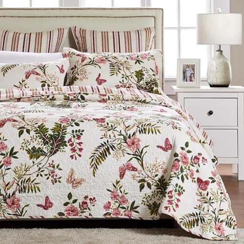 Greenland Home 100% Cotton Fashion Quilt Collection, Prewashed, Reversible Quilt Set, 3-Piece King/Cal King, Butterflies