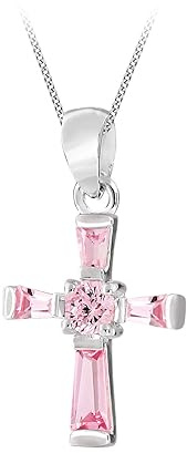Tuscany Silver Collana con pendente a croce da 13 x 19 mm con zircone rosa in argento sterling 925 su catena grumetta da 46 cm