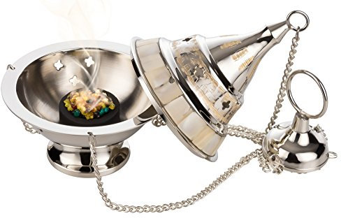 WEIHRAUCHSCHWENKER Set Konstantinopel mit Perlmutt [12 x 9 cm, Kette 25 cm] inkl WEIHRAUCH und Kohle – RÄUCHERGEFÄSS aus Messing vernickelt – MaMeMi Collection