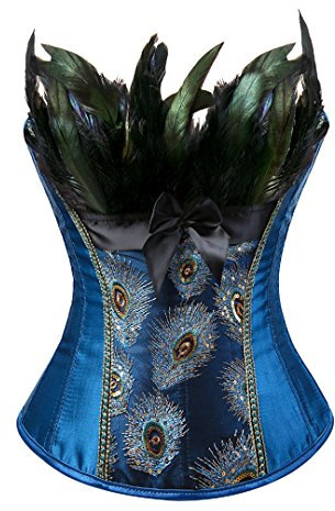 Jutrisujo Corsage Korsett Vollbrust Feder bustier Damen Dessous Stickerei Kostüme Pfau Pattern Burlesque Blau 3XL