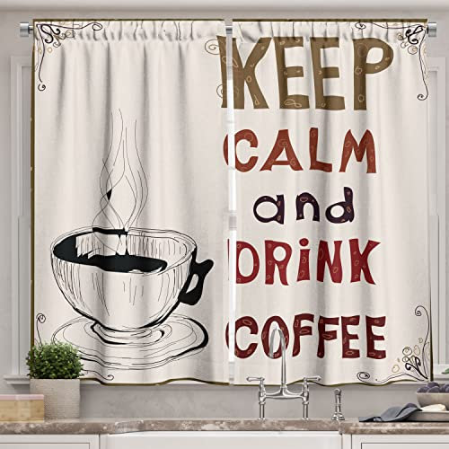 Lunarable Coffee Kitchen Curtains Keep Calm and Drink Coffee Words with Hot Brewed Drink Nostalgic Urban Artwork Print, Window Drapes 2 Panel Set for Kitchen Cafe Decor, 140 x 99 cm, Rubingelb