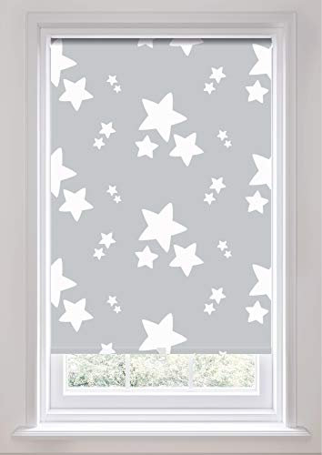 Cordless Thermal Blackout Roller Blind, Child, Kid Safe, Nursery Roller blind, Stars Grey, 120cm