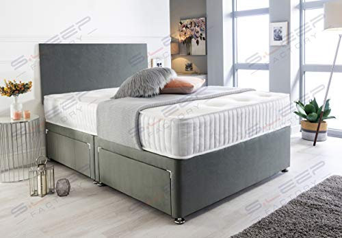 Sleep Factory - 4FT Small Double Divan Bed with Mattress - Adults or Kids Bed & Mattress Sets - Memory Foam Double Mattress, Bed Base, Foot End Drawers & Headboard - 2 Drawers, Charcoal Grey Suede