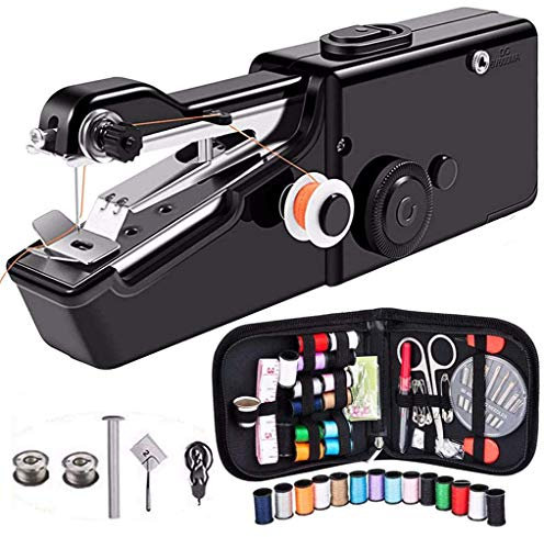 Mcree Mini Portable Sewing Machine, DIY Mending Machine Household Sewing Handheld Tool for Beginners Adult for Fabric Clothing (Black, Type 3)