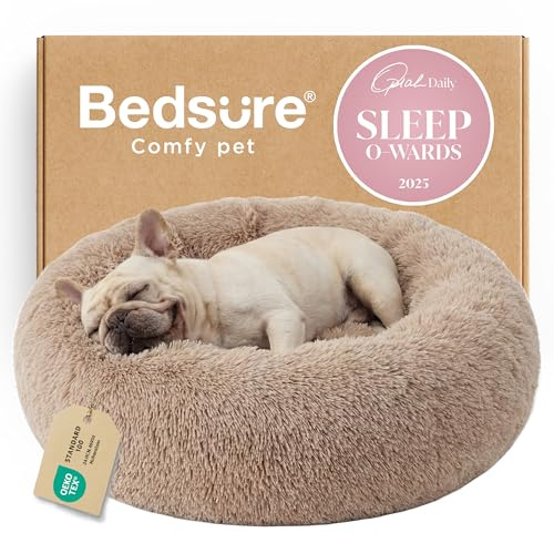 Bedsure Calming Dog Bed Medium Size Dog - Donut Washable Medium Pet Bed, 30 inches Anti-Slip Round Fluffy Plush Faux Fur Cat Bed, Fits up to 45 lbs Pets, Camel