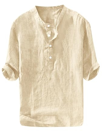 Ryannology Mens Linen Shirts Henley 3/4 Sleeve Casual Cotton T-Shirt Regular-Fit Lightweight Beach Yoga Tunic Tops