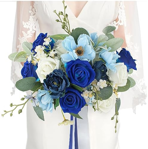 Rinlong 31,8 cm Hochzeitssträuße für Braut Winter Saphirblau Brautstrauß für Strand Hochzeit künstliche Blumen Sommer Seidenstrauß Hochzeitszeremonie