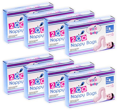 Disposable Tie Handle Nappy Bags Sacks Fragranced Powder Scented Hygienic Baby Nappy Waste Bin Disposal Bags for Travel (8 Packs (1600 Bags))