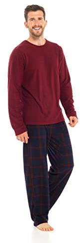 INSIGNIA Mens Fleece Long Sleeve Top Pyjamas Sets (Wine-Navy, XXL)
