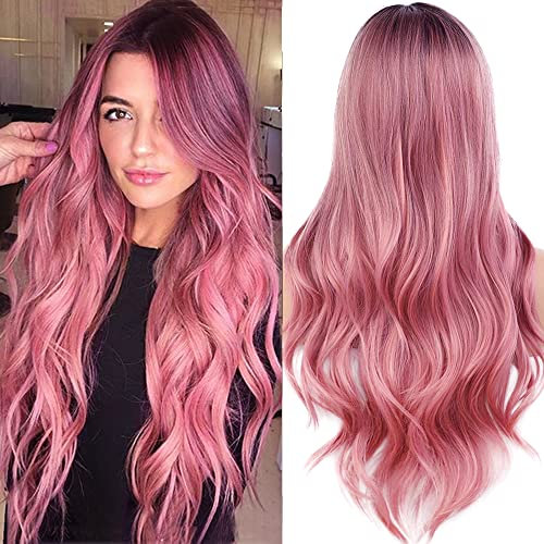 PORSMEER Perücke Damen Rosa Lang locken Gewellt Natürliche Ombe Pink Synthetische Haar Wig Perücken für Frauen/Mädchen alltagstauglich Cosplay Kostüm Fasching Party Wig