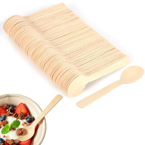 Mini Cuchara de Madera, 100 Unidades Cucharas Naturales Redondeadas para Helado, Té, Postre y Miel con Diseño Suave de 10cm para Cocina, Restaurantes y Fiestas