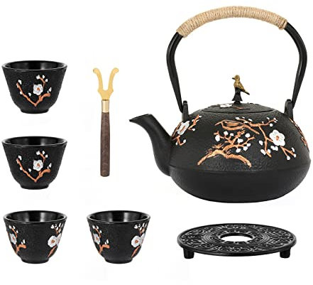 Dyna-Living Cast Iron Teapot with Infuser 40.6oz Tea Kettle for Stovetop Japanese Style Tea Pot Set with 4 Tea Cups Home Teapot Inside Coated with Enamel (1200ml)