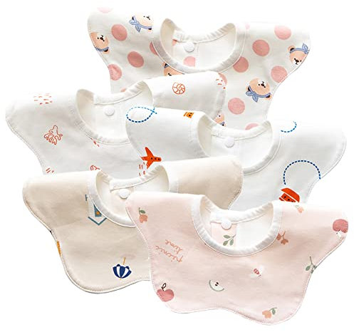 Chamie Baby Bib Flower Cotton Dribble Bibs 360° Rotation for 1-12 Months Boys and Girls,Nursing and Eating,Pack of 5,Pink