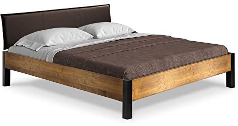 moebel-eins CURBY Bett mit Metallfuß und Polsterkopfteil, Material Massivholz, rustikale Altholzoptik, Fichte