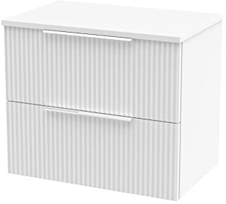 Hudson Reed DFF193W Fluted Modern Bathroom Wall Hung 2 Drawer Vanity Unit with Colour Match Worktop, 600mm, Satin White