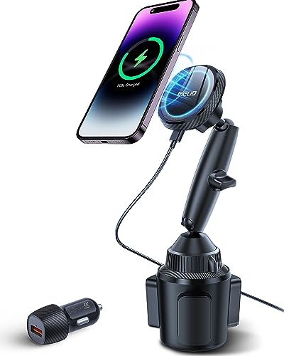 EXELIQ Cup Holder Charger Mount for Magsafe, Wireless Magnetic Car Mount Charger with Heat Dissipation System, Fast Charging Phone Holder for iPhone 16 15 14 13 Pro Max Mini [with QC 3.0 Adapter]