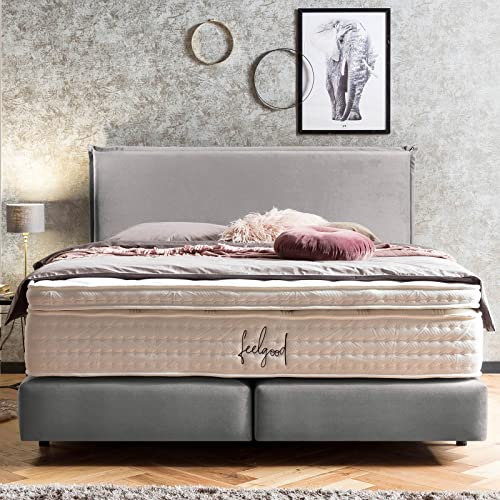 Premium Boxspringbett 200x200 London Samt, ohne Visco-Topper, Doppelbett, Hotelbett, ohne Bettkasten, 7 Zonen Taschenfederkern-Matratzen, Aufbau KOSTENLOS (Silber, 200x200 cm ohne Topper)