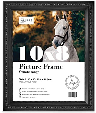 Almost Frameless 10x8 Black Ornate Picture Frame 10x8(25.4x20.3cm) Poster, Photo, Artwork, or Print. Opulent Style Portrait and Landscape Display with Wall Hooks