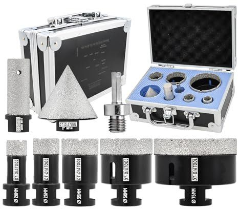 DT-DIATOOL Diamond Core Drill Bits Kit- 20/25/35/50/75mm with 50mm Diamond Chamfer Bit and 20mm Diamond Finger Bit M14 Thread and Hex Adapter Hole Saw Set for Porcelain Ceramic Tile Marble Granite