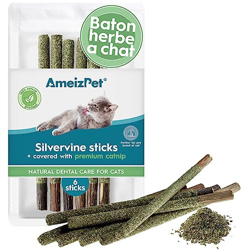 AmeizPet Herbe à Chat Séchée à Mâchonner, Jouet Cataire pour Chat, Naturelle Baton Herbe A Chat Recouvert d'herbe à Chat - Matatabi Jouet Dentaire Chaton - Set De Tiges De Liane à Chat 6 Pcs