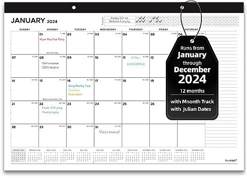 Monatskalender 2024 – Wand-/Tischkalender, 12 Monate, Januar 2024 – Dezember 2024, 30,5 x 43,2 cm, große Blöcke mit Julianischen Daten für Tagesplaner, perfekt für die Planung und Organisation Ihrer
