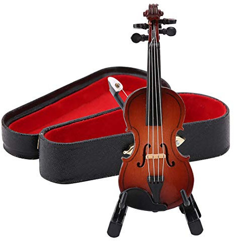 Emoshayoga Violine Miniatur Musikinstrument Modell, Holz Violine Spielzeug Ornament Geige Musikinstrumentenmodell Mit Ständergehäuse Puppenhaus Zubehör Zuhaus Büro Dekoration