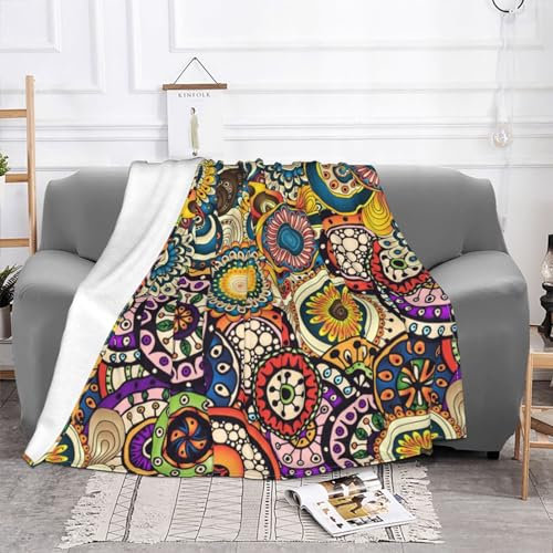 Fleecedecke mit ethnischen Kreisen und Blumenmuster, Mikrofaser-Fleece-Decken für Sofa, Bett, Couch und Reisen, 203,4 x 152,4 cm