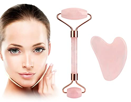 Ensemble de rouleau de jade et Gua Sha, outil de massage pour le visage, les yeux, le cou, les soins de la peau, cadeau pour femme, soulage les rides et ridules (rose)