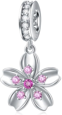 Rosa Kirsche Blüte Charms Anhänger passen Pandora Herz Armband, 925 Sterling Silber Japanisch Sakura Blume Charm CZ Perlen, Geschenke für Braut/Freundin/Frauen